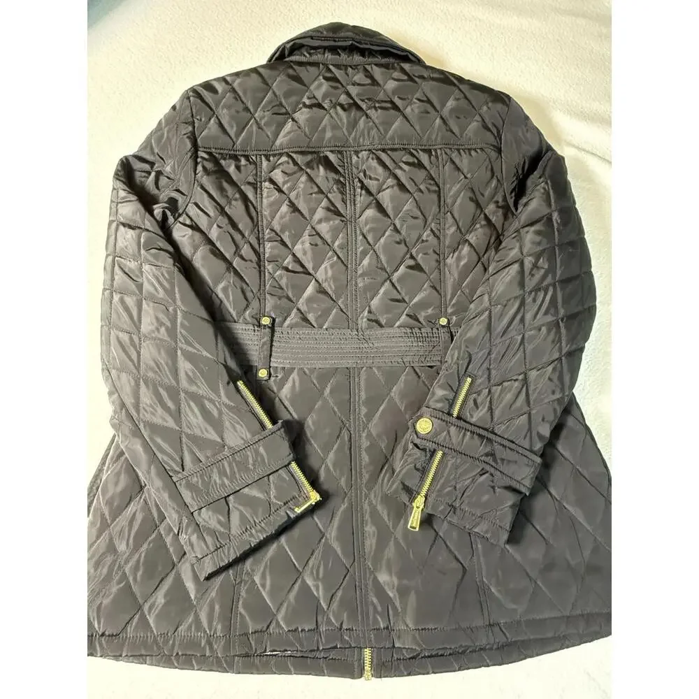 Michael Kors Women's Black Quilted Belted Jacket Size L Gold Zip‎ Moto Coat